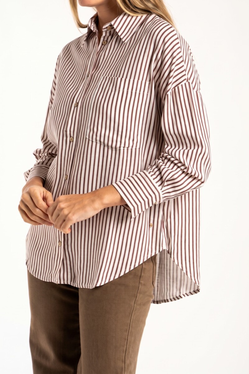 Camisa Rayada Con Lino Chocolate