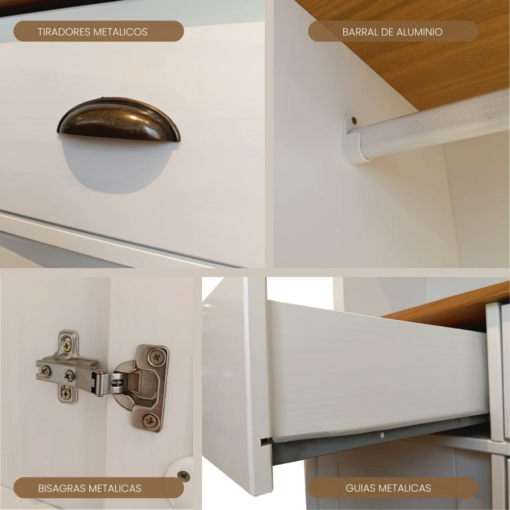 Ropero 4 puertas 2 cajones - Madera maciza - Linea Colonial Blanco