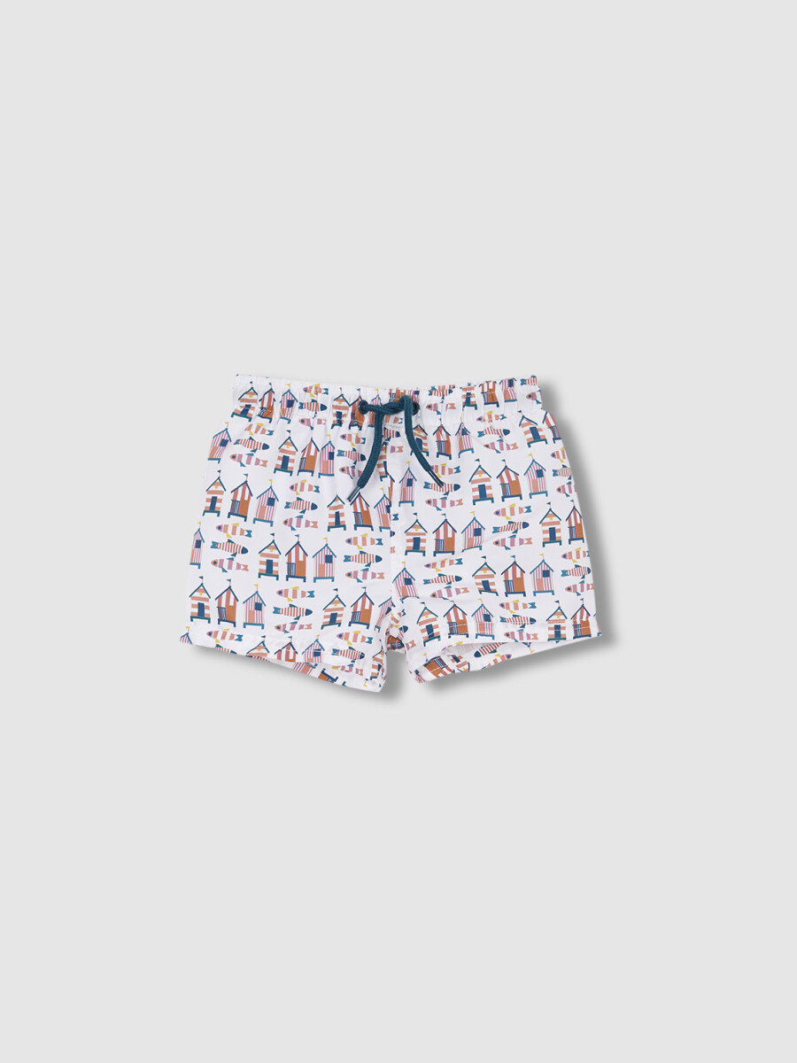 Traje De Baño Estampado Casitas Blanco Roto
