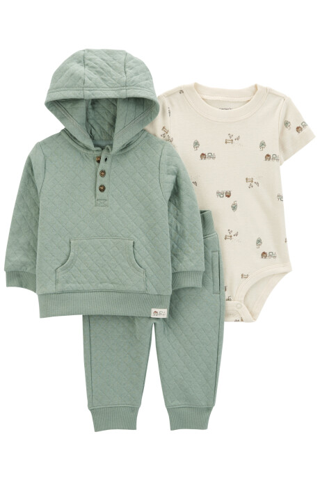 Set tres piezas de algodón, pantalón y canguro con capucha capitoneados, más body Sin color