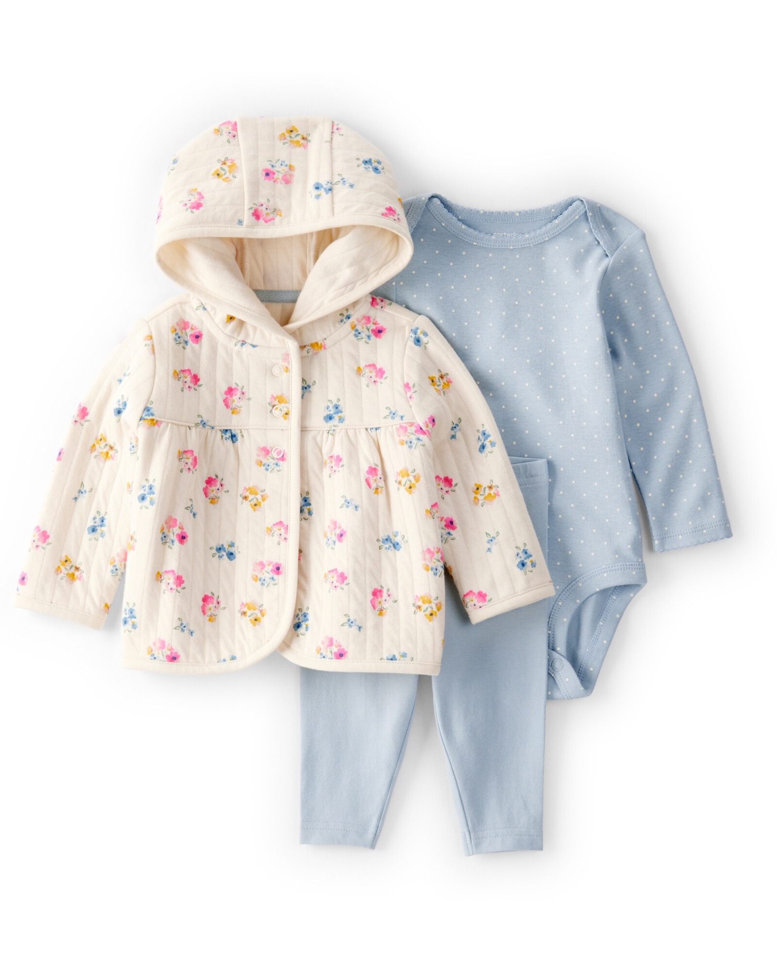 Set tres piezas de algodón, pantalón, saco con capucha y body Set tres piezas de algodón, pantalón, saco con capucha y body