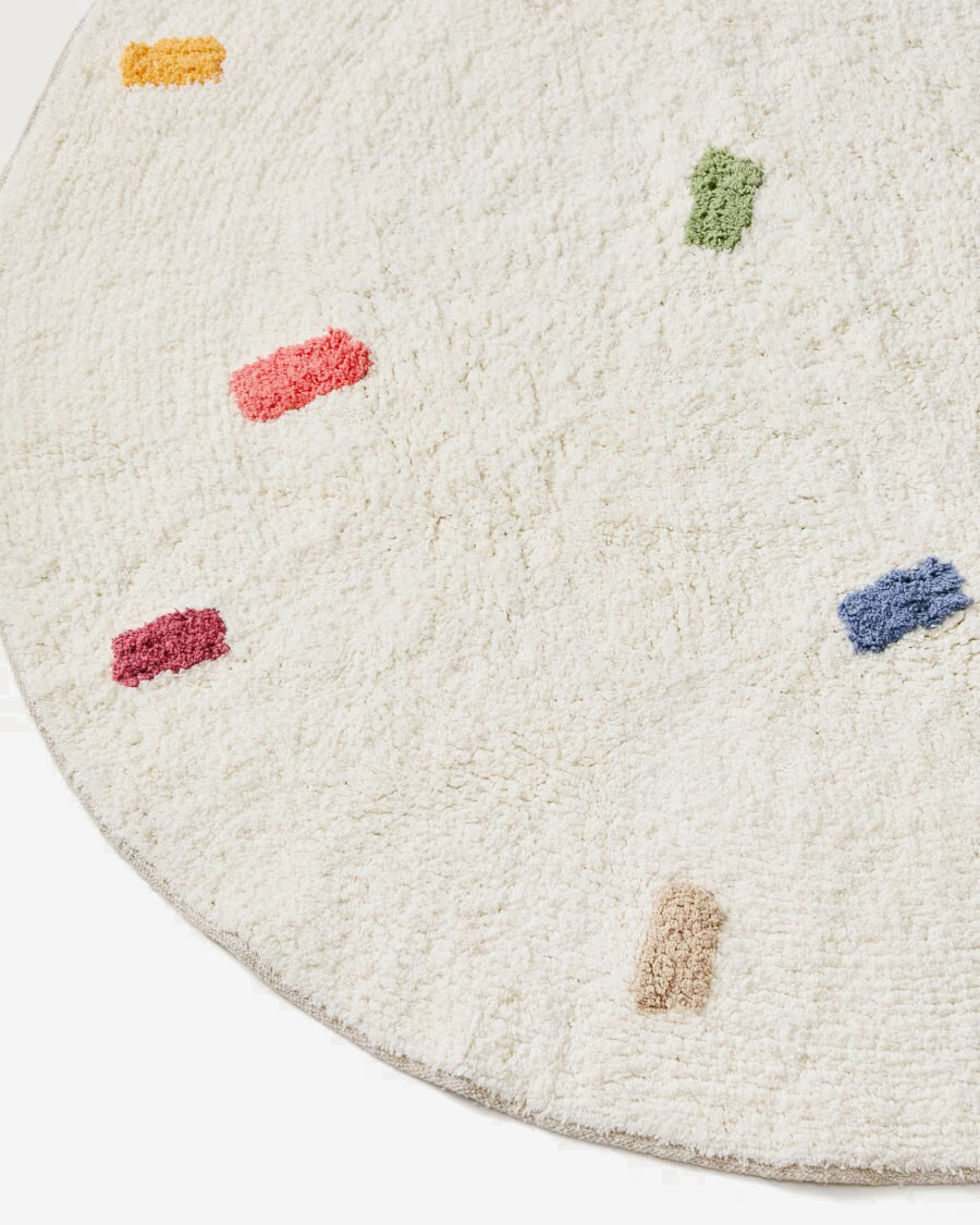 Alfombra redonda Epifania 100% algodón blanco con puntos multicolor Ø 100 cm Alfombra redonda Epifania 100% algodón blanco con puntos multicolor Ø 100 cm