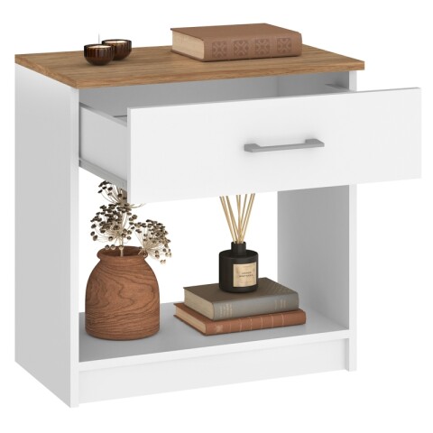 Mesa de Luz Italia - 1 Cajón y Nicho - MDP y ABS - 55cm Alto - Blanco / Miel Mesa de Luz Italia - 1 Cajón y Nicho - MDP y ABS - 55cm Alto - Blanco / Miel