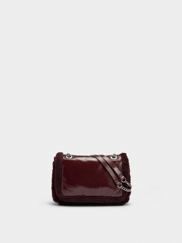 Bolso De Hombro Con Bordes Efecto Pelo burdeos