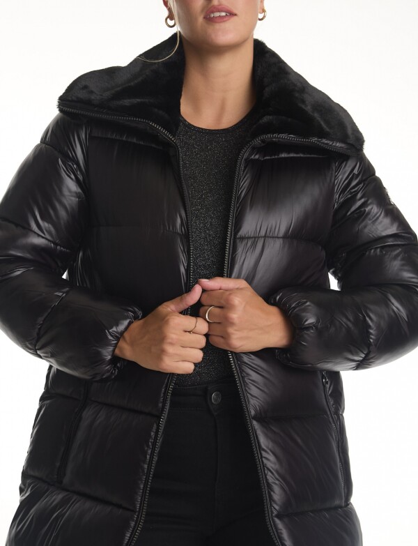 Campera Puffer Satinada Con Cuello De Piel NEGRO