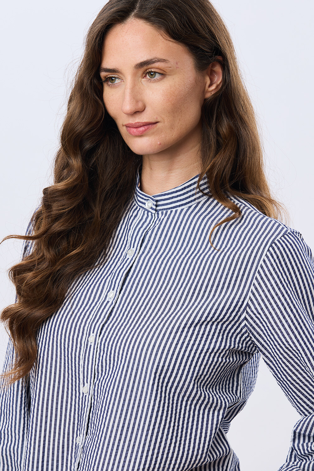 CAMISA RAYADA CON FRUNCES Azul