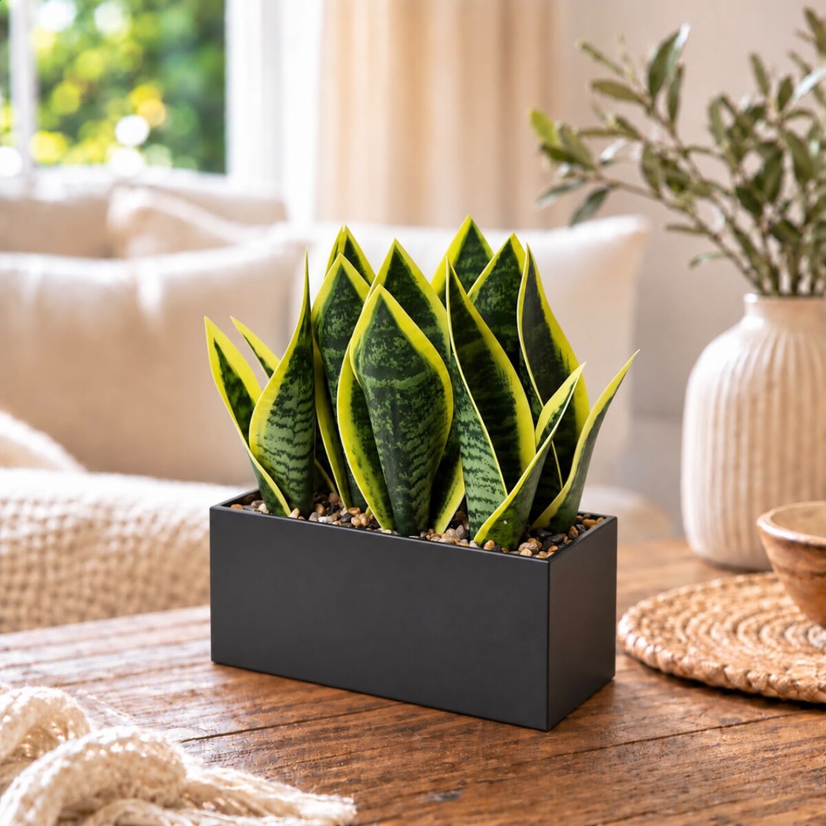 Sansevieria Artificial con Maceta Rectangular Negra / Largo 20cm x Alto 25cm x Ancho 10cm 
