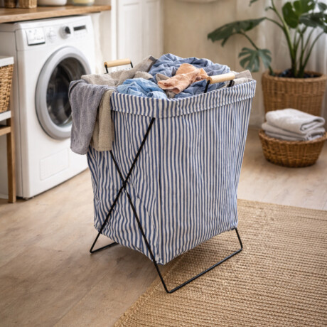 Cesto de ropa plegable 37x30x60cm – Bambú y tela rayas Azul