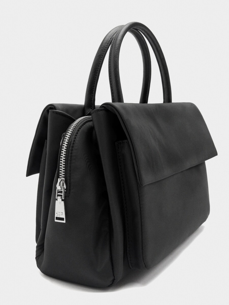 Bolso Tote De Nylon Con Doble Solapa negro