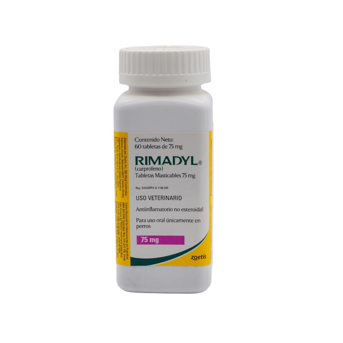 RIMADYL 75 MGS. ANTIINFLAMATORIO NO ESTEROIDEO. FRASCO DE 60 COMPRIMIDOS MASTICABLES 