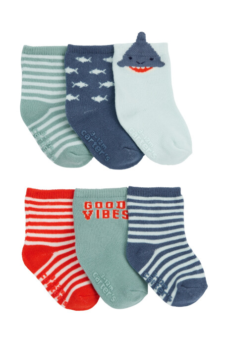Pack seis pares de medias de algodón diseños tiburones Sin color