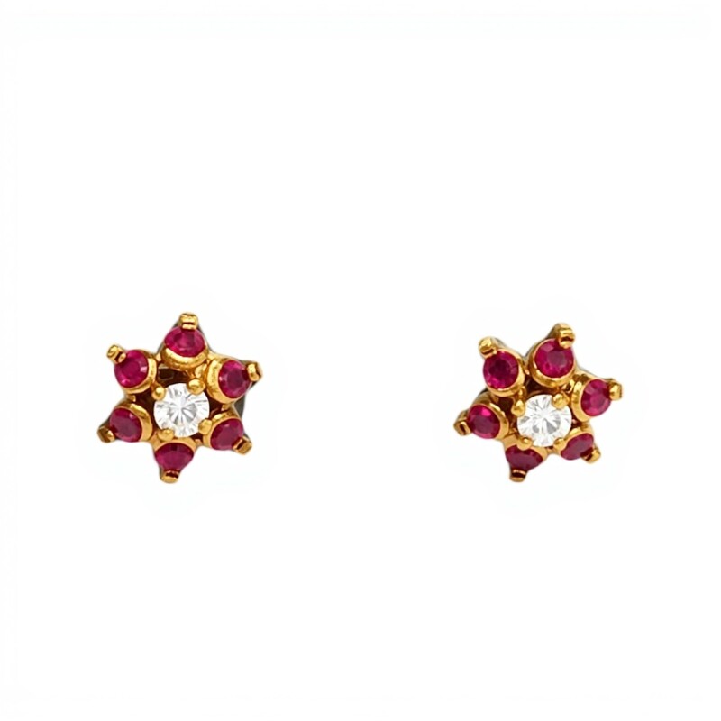 Caravanas Flor de Rubí de oro- Oro bajo - Rubí y zirconia- CA8122 conpiedra