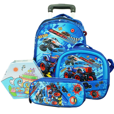 Set X3 Mochila C/Carro + Bolso + Cartuchera P Niño + Set Escolar Auto