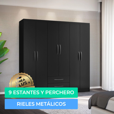 Armario Ropero Placard de 6 Puertas Línea Plus con 2 Cajones y Perchero Horizontal - MDP - Negro Armario Ropero Placard de 6 Puertas Línea Plus con 2 Cajones y Perchero Horizontal - MDP - Negro