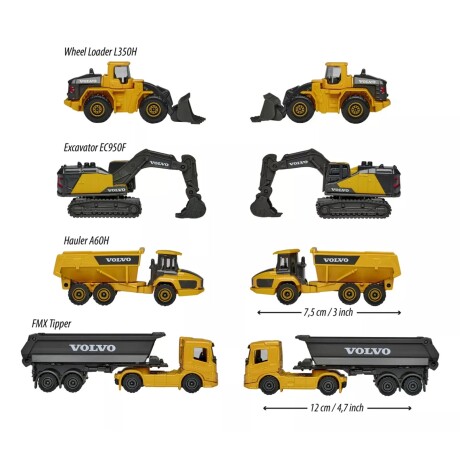 Pack X4 Vehículos de Construcción Majorette Volvo 7,5 cm 001