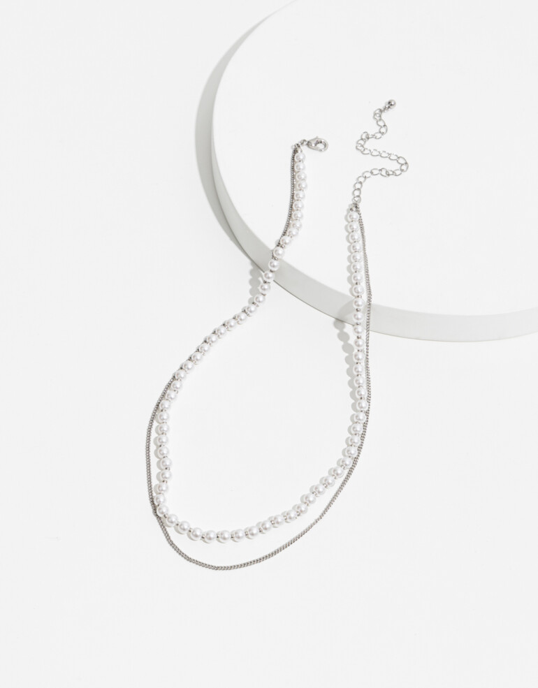 Collares Cortos Perla Collar Doble Con Perlas - Plateado Rodio