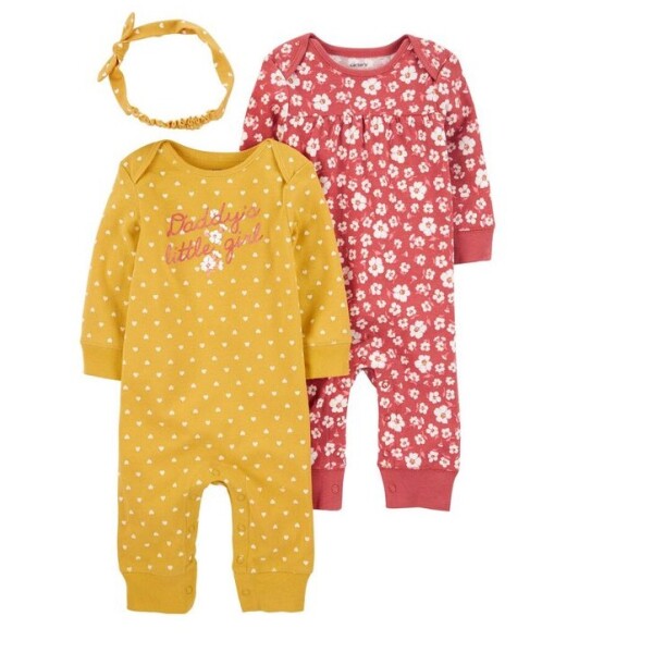 Set Enterito x2 con vincha Carters RN Mostaza Corazones- Flores Salmon