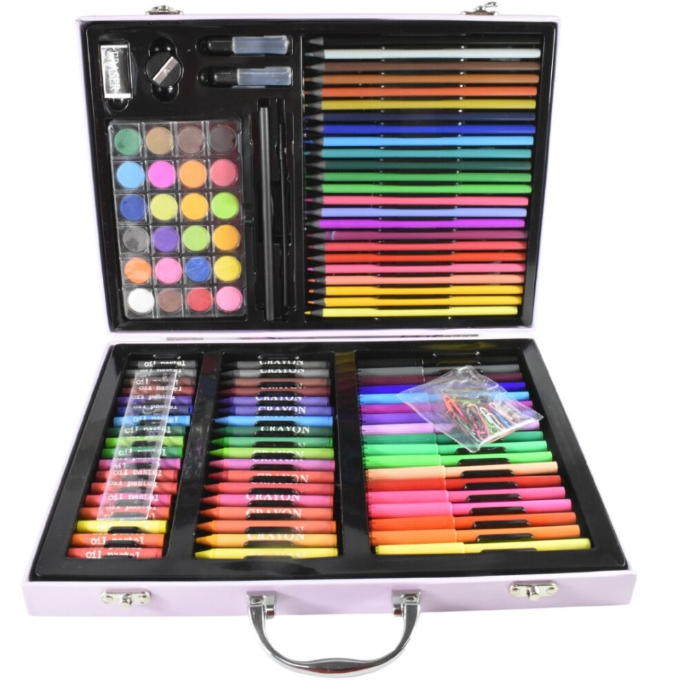 Valija 128 Piezas Marcadores Lápices Crayones Madera Rosa