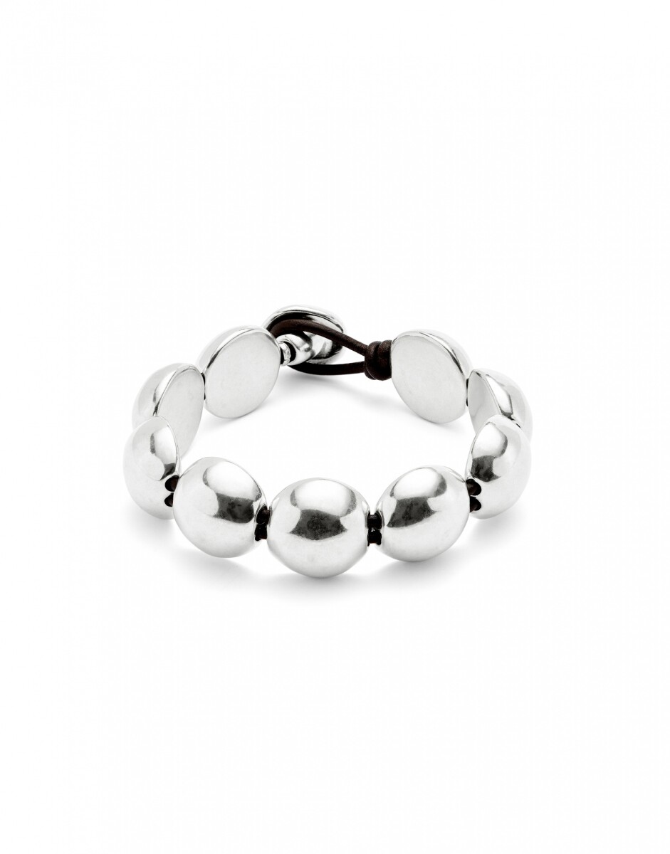 PULSERA DE CUERO CON CUENTAS GRANDES DE ALEACIÓN DE METALES BAÑADAS EN PLATA DE LEY - Pulsera 