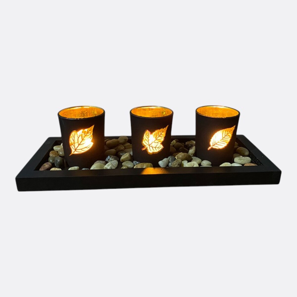 Centro De Mesa Madera Con Set De 3 Vasos De Vidrio 