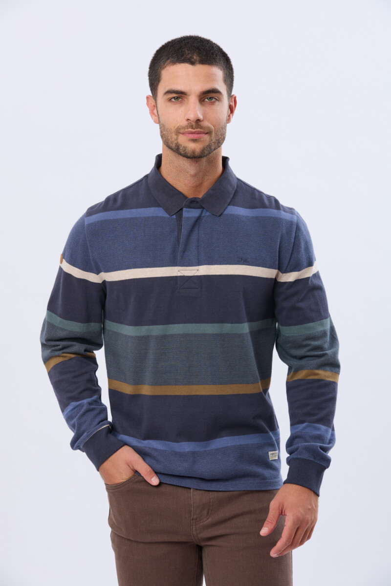 REMERA POLO RAYADA DE ALGODÓN - Azul 
