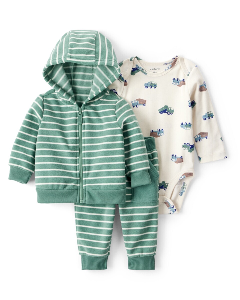 Set tres piezas, campera y pantalón de micropolar más body, diseño camiones 