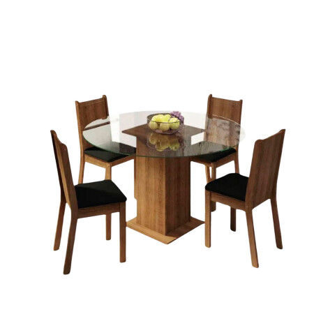 Juego de comedor con mesa redonda de vidrio y 4 sillas rústicas Negro