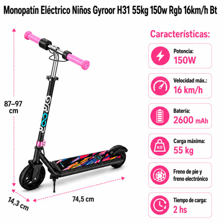 Monopatín Eléctrico Niños Gyroor H31 55kg 150W RGB 16km/h BT Rosa