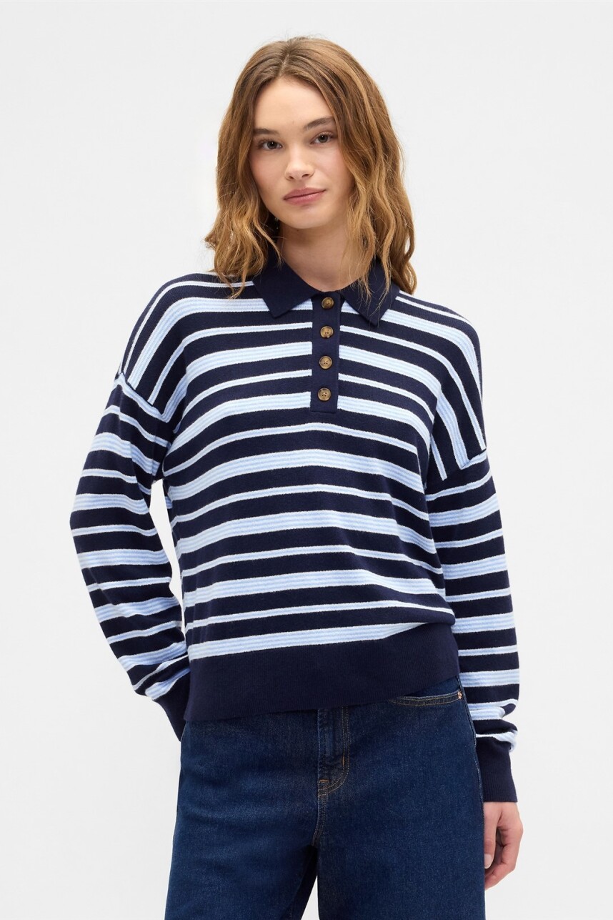 Buzo Cashsoft Tipo Polo Mujer Navy Stripe
