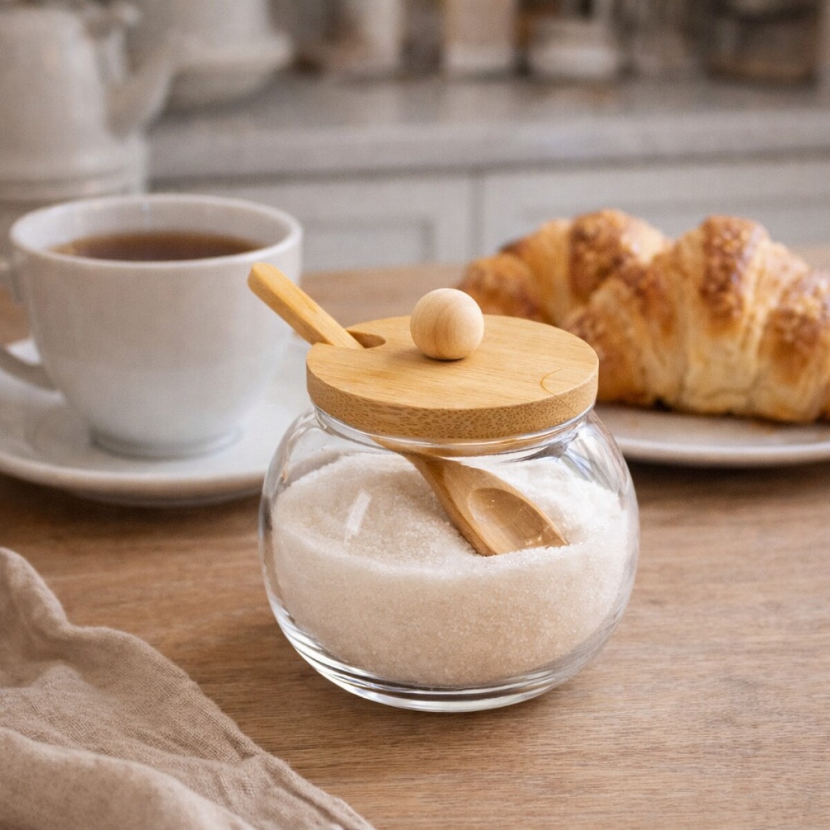 Azucarero de Vidrio y Tapa y Cuchara de Bambu 