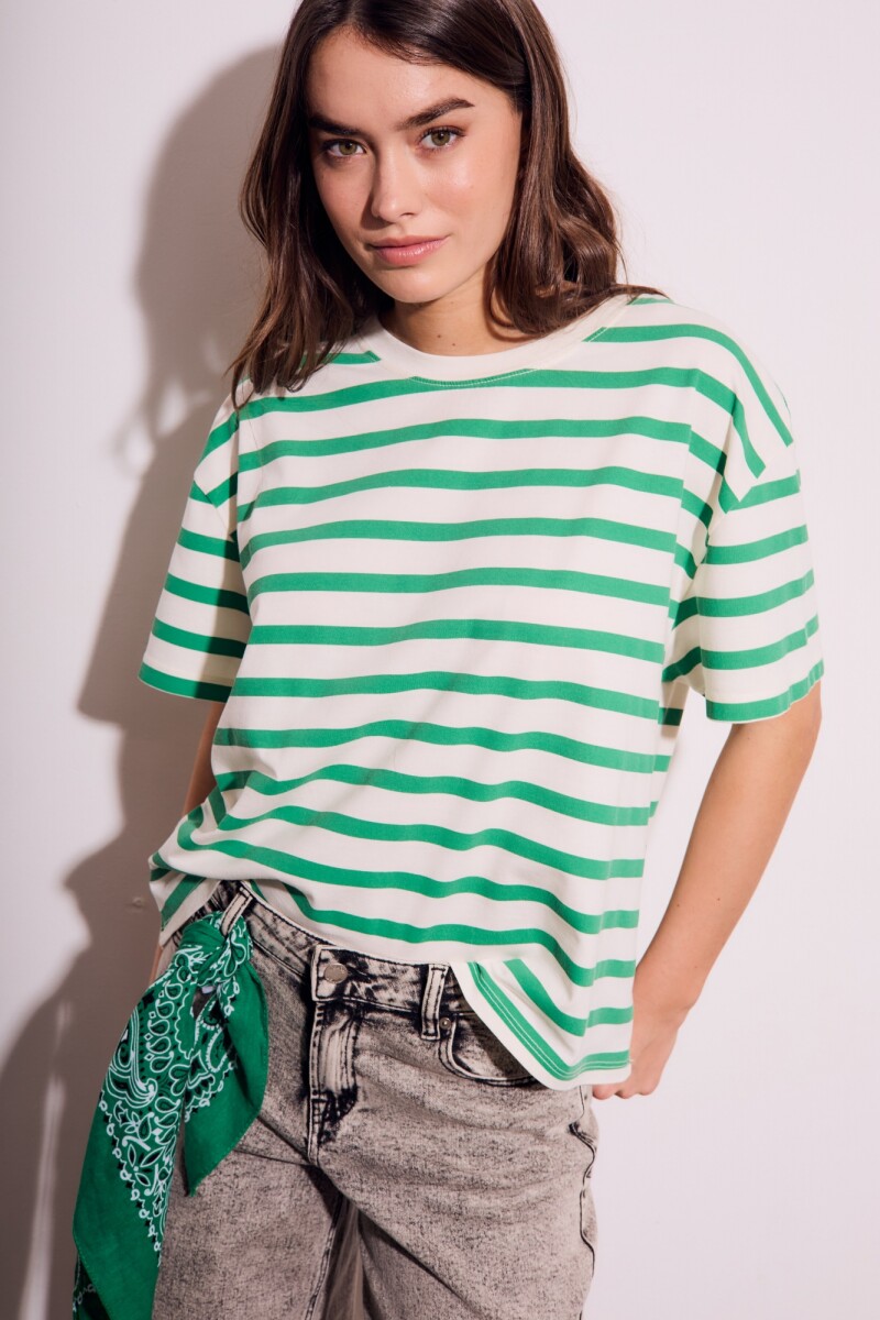 Remera Algodon Lavado Rayada Verde Verde