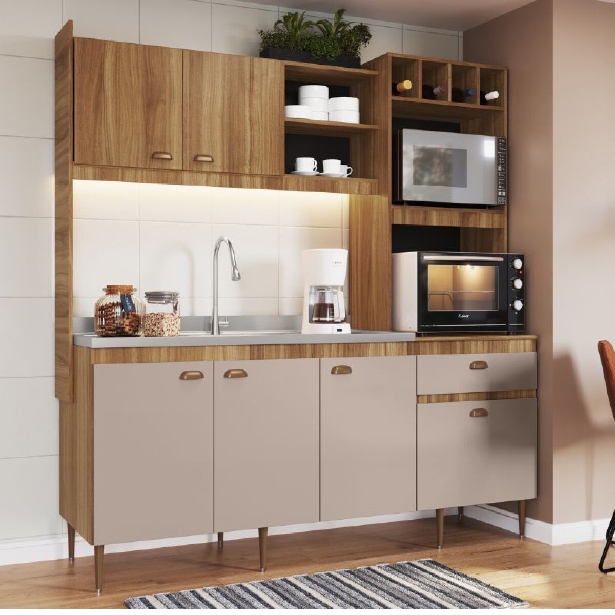 COCINA COMPACTA 1.85 MT MIRA 6 PUERTAS 1 CAJON - NOGAL/BCO 