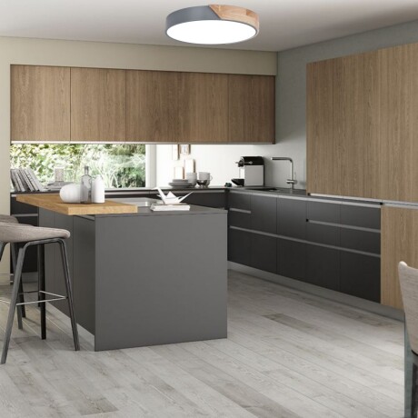 Plafón led circular de madera y aluminio gris mate Luz Cálida