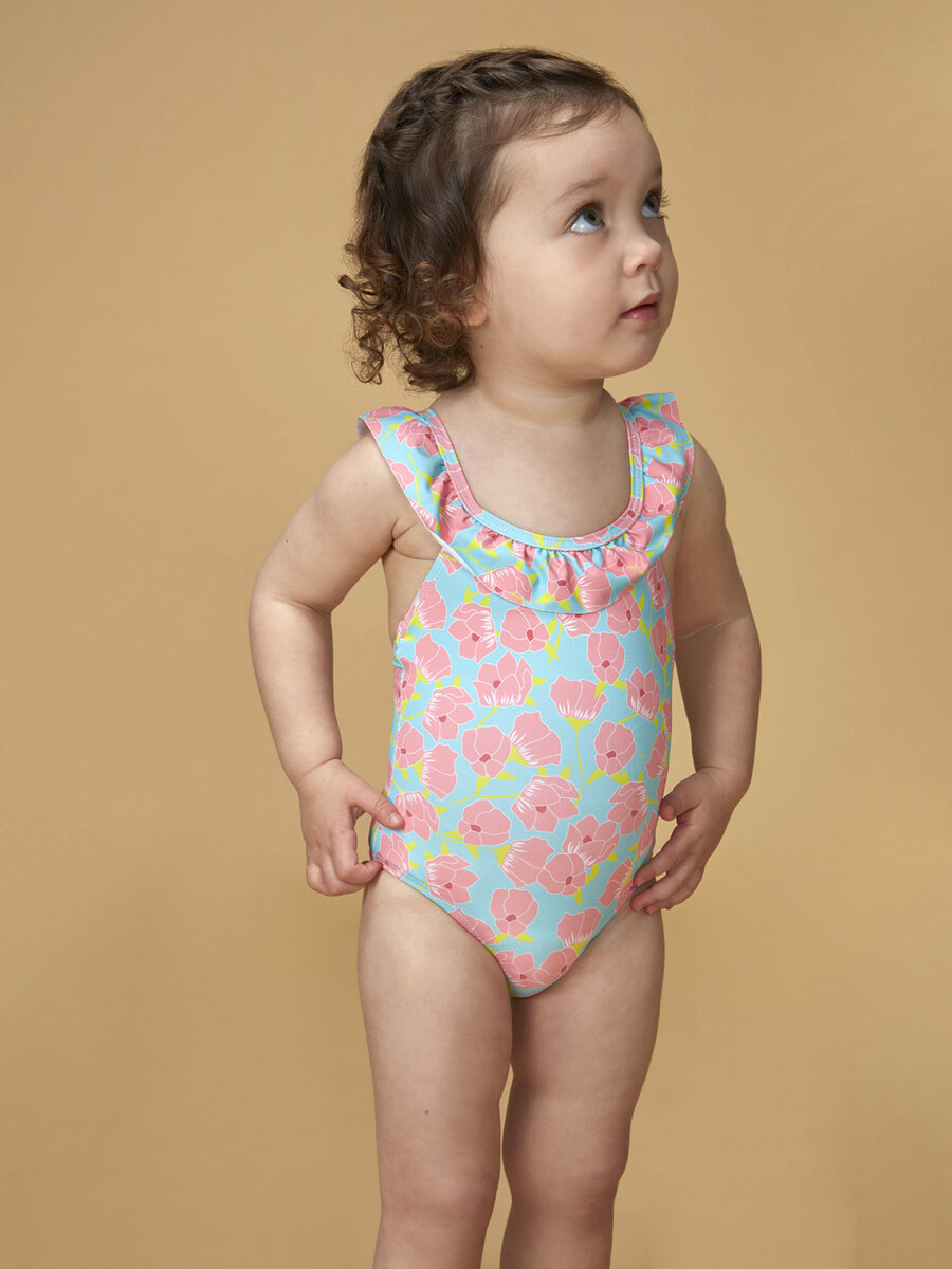 Bañador Estampado Flores Turquesa Brillante