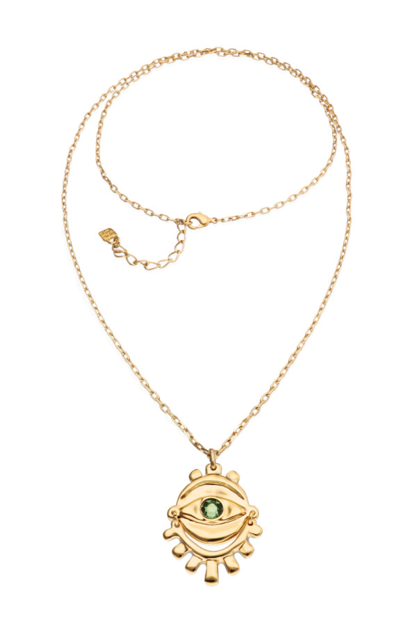 COLLAR LARGO DE ALEACION DE METALES BAÑADO EN ORO DE 18K CON DETALLE DE OJO Y CRISTAL FACETADO VERDE Colgante