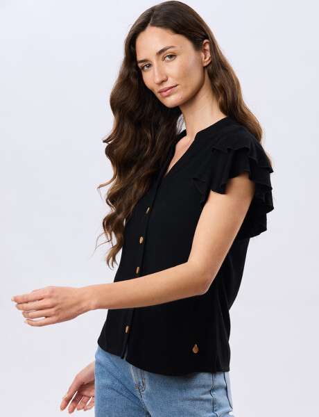 CAMISA DE LINO CON VOLADOS Negro