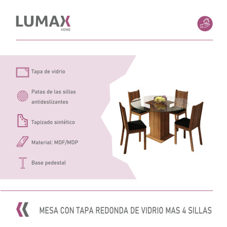 Juego de comedor con mesa redonda de vidrio y 4 sillas rústicas Negro