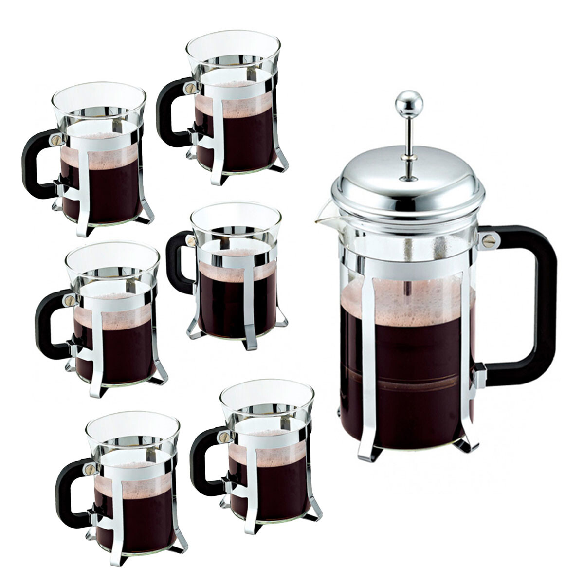 Set Cafetera Tetera Francesa 1L + 6 Tazas 200Ml Acero Vidrio - Plateado 