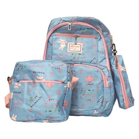 Set Mochila 3 Piezas Diseño Animalitos Escolar Resistente Celeste