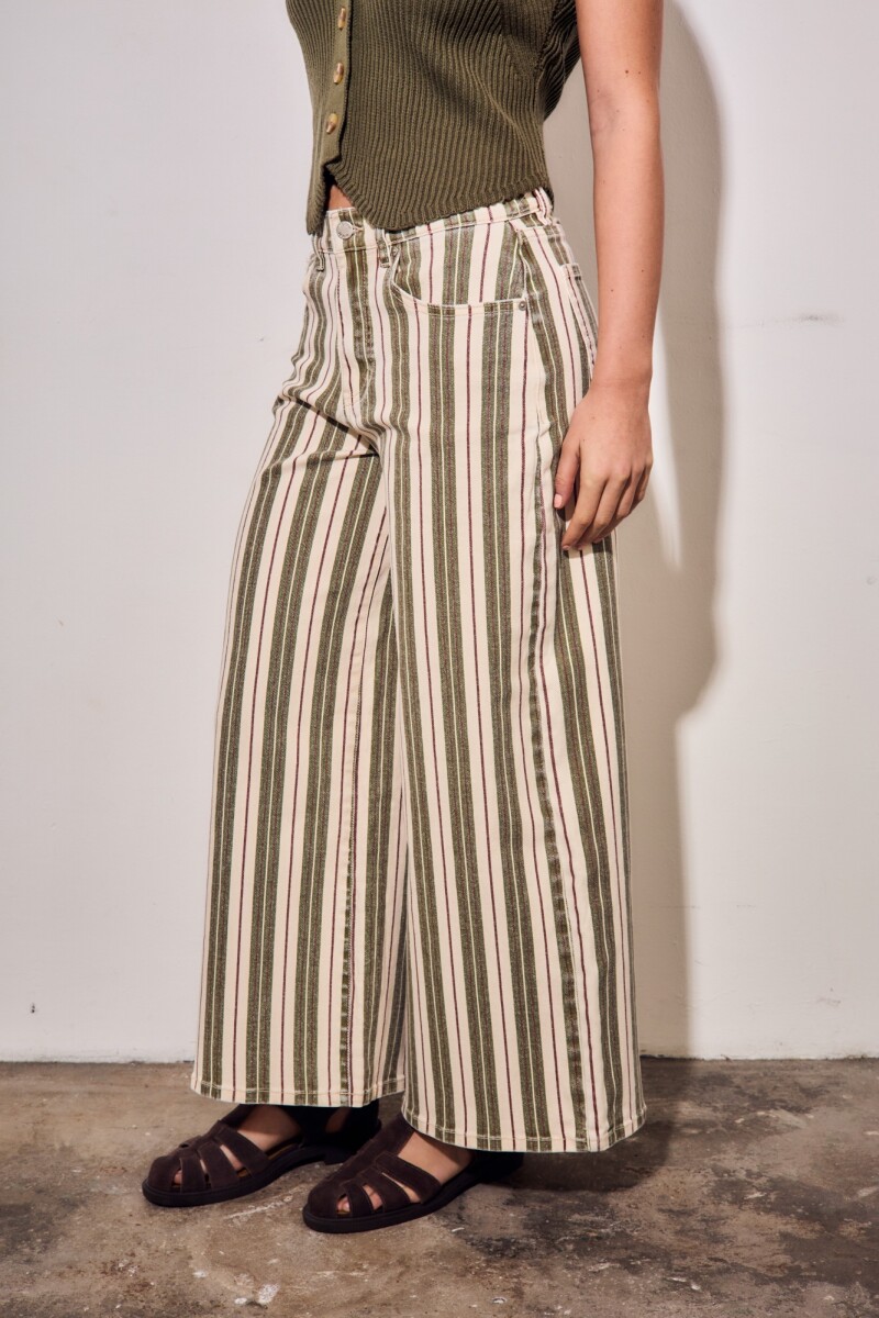 Jean Wide Leg Rayado Oliva Y Crema