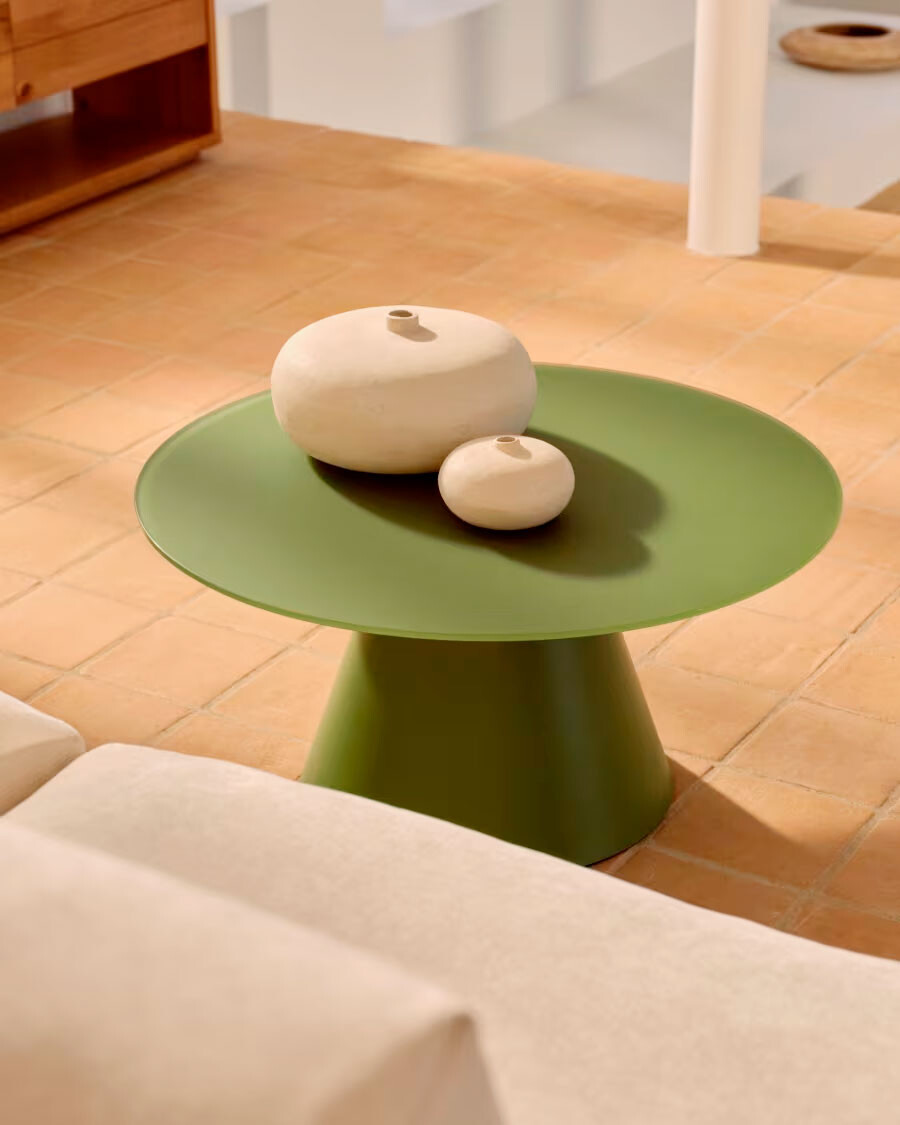 Mesa de centro Wilshire cristal templado glaseado y acero acabado pintado verde mate Ø80cm Mesa de centro Wilshire cristal templado glaseado y acero acabado pintado verde mate Ø80cm