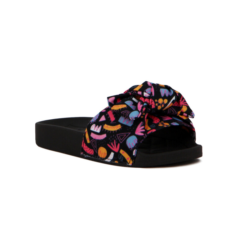 Molekinha Ojota Casual Tira Ancha C/ Moño Estampada Multicolor-negro