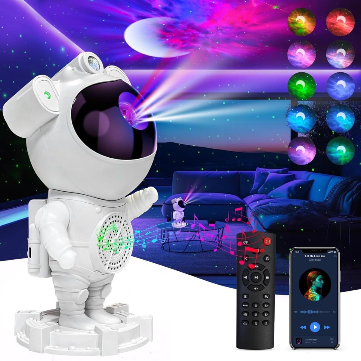 Lampara Proyector Astronauta Led Estrellas De Galaxia Sonido Bluetooth 