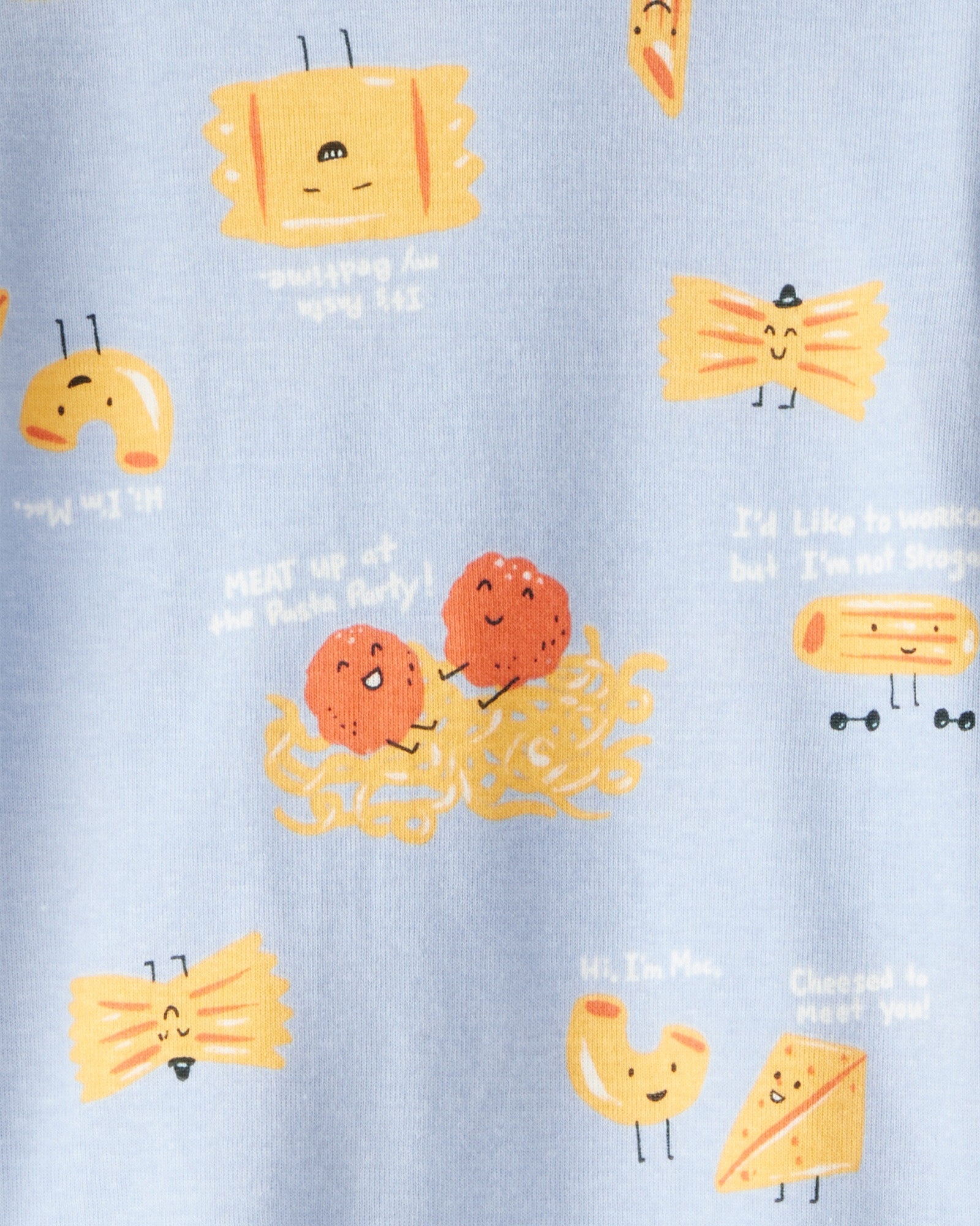 Pijama cuatro piezas de algodón, dos remeras manga larga y dos pantalones, diseño pasta Sin color