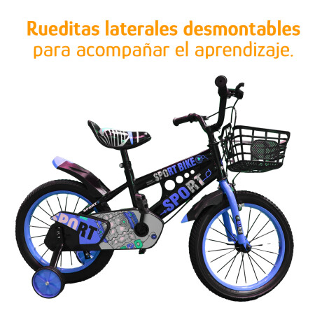 Bicicleta Infantil Rodado 16 C/Rueditas Aux Estilo Deportivo Celeste