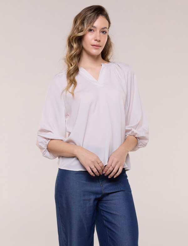 Blusa Gasa Escote V Manga 3/4 Abullonada BEIGE