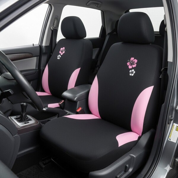 Cubreasiento Universal Para Auto Negro Con Detalles Y Flores En Color Rosa Cubreasiento Universal Para Auto Negro Con Detalles Y Flores En Color Rosa