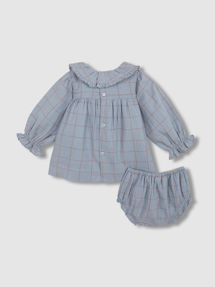 Vestido De Cuadros Con Cuello Volante Azul Viejo