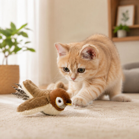 Juguete Para Gato Pájaro Interactivo C/Movimiento Sonido Usb Marrón