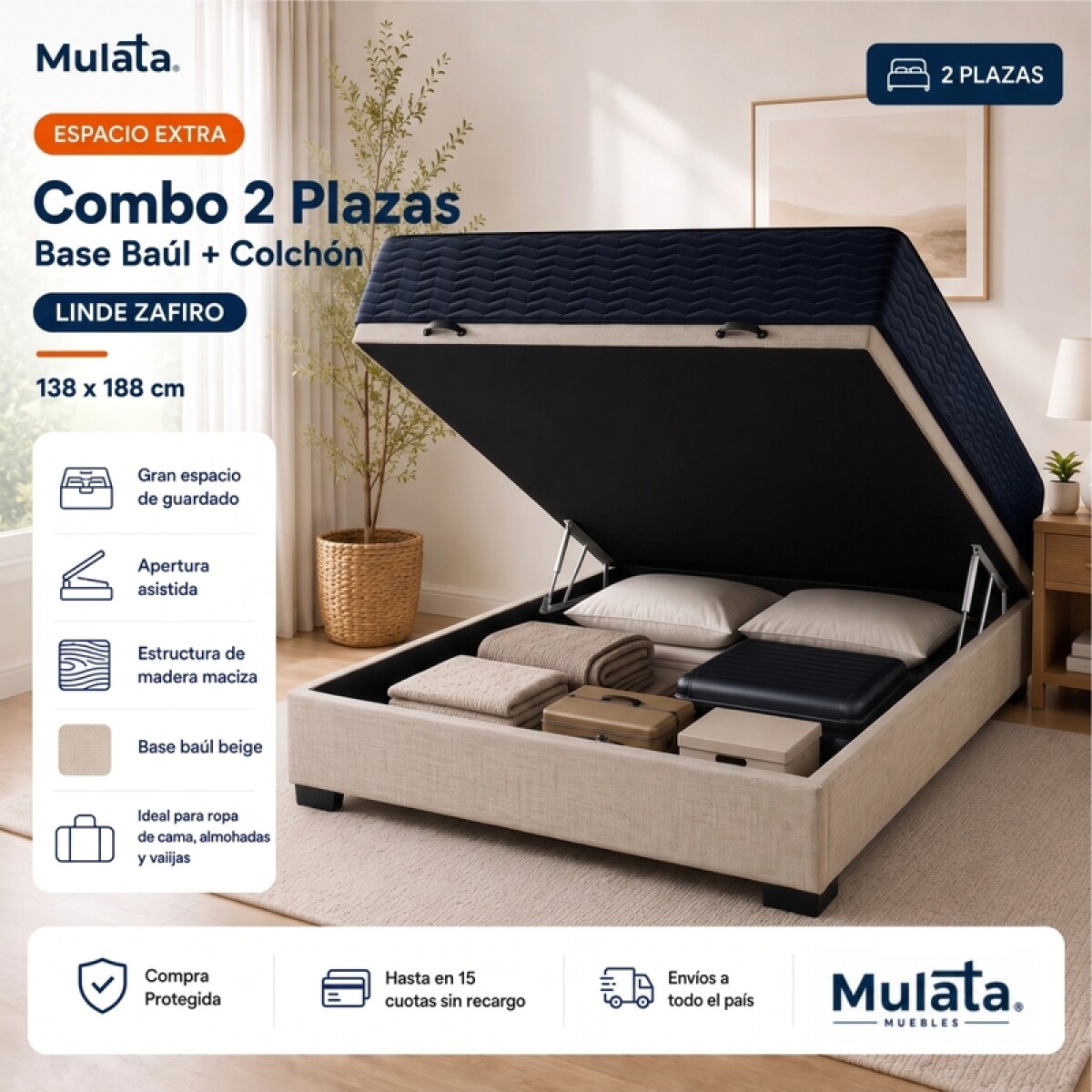 Sommier Baúl 2 Plazas Beige con Colchón Linde Zafiro 140x190 Firme 